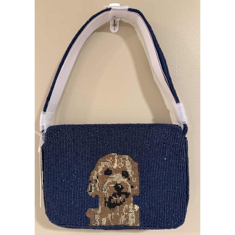 Made In India Blue Doodle/Dog Beaded Shoulder Bag Magnetic Closure Lined Viral